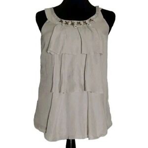 LOFT Sleeveless Top Ruffle Front Beaded Neckline‎ Casual Blouse XS
